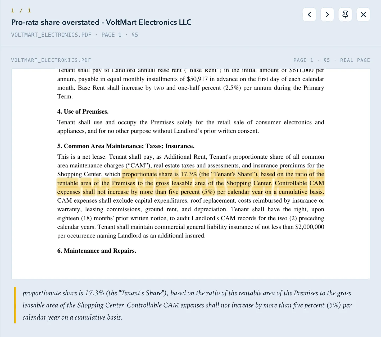 Leaseful evidence panel: the CAM clause of a lease PDF with the pro-rata share sentence highlighted in amber, cited as page 1, section 5