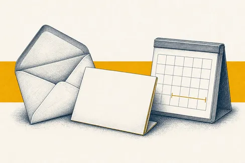 Engraving of a renewal notice letter, envelope, and calendar