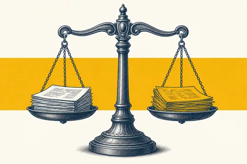 Engraving of a balance scale weighing two stacks of paper