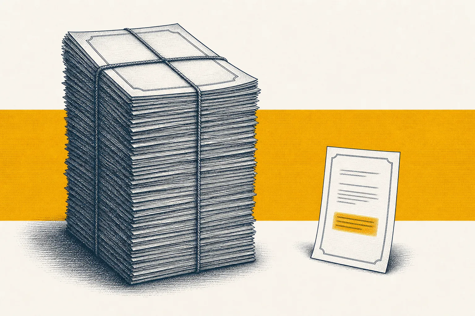 Engraving of a thick contract stack beside a small summary sheet