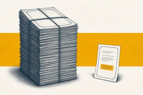 Engraving of a thick contract stack beside a small summary sheet